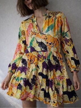 J. Crew Safari Animal Print Tiered Popover Dress Medium Dopamine Jungle Vacation